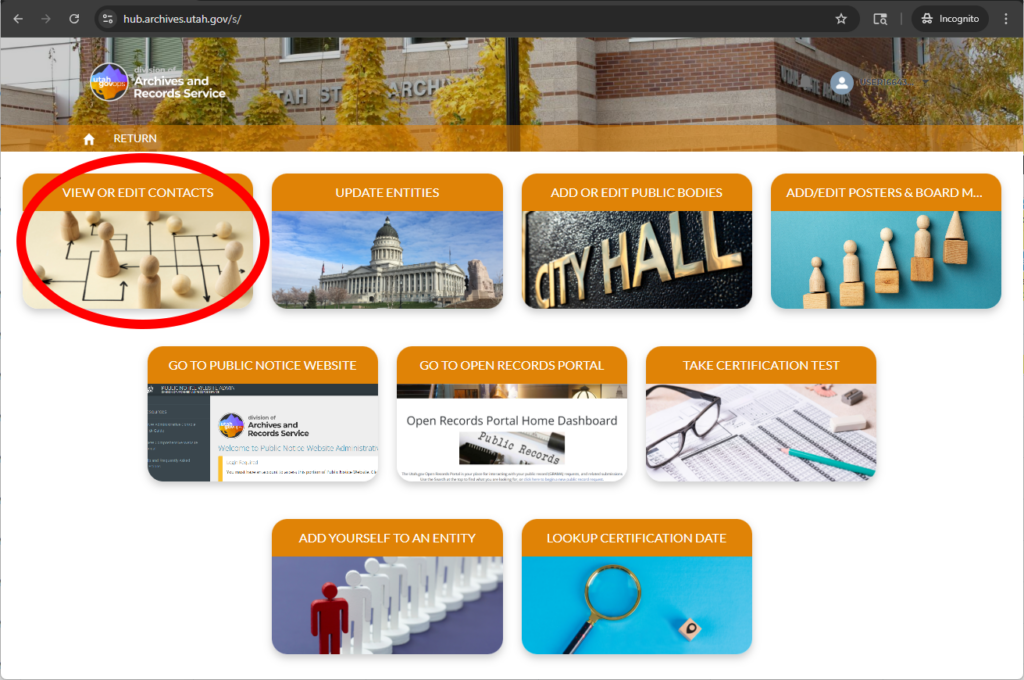 Image shows a screenshot of the Records Officer Hub, with the tile in the upper left selected. The tile is titled "View or Edit Contacts."