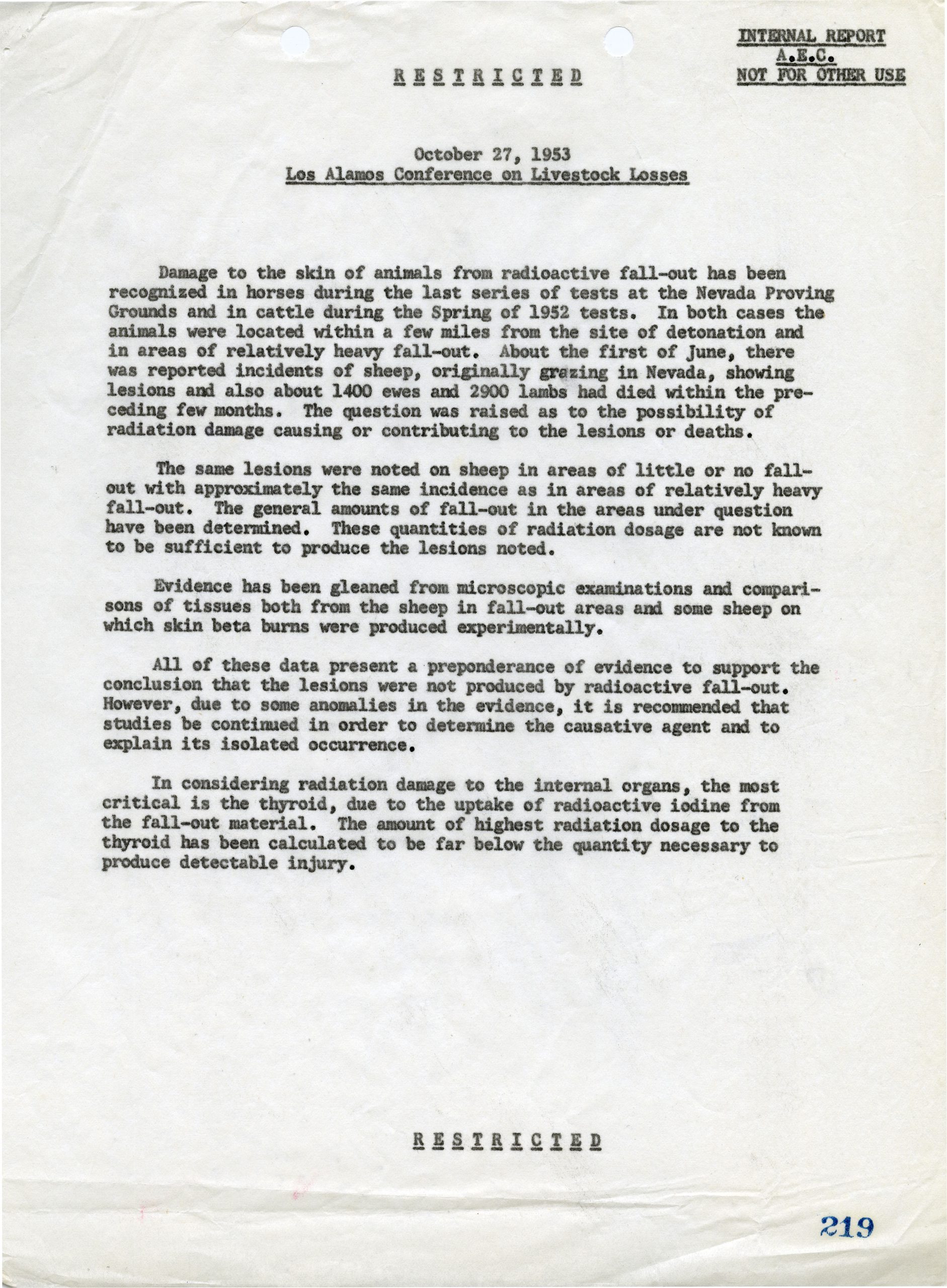 Report from October 1953 Los Alamos Conference on Livestock Losses (series 11571).