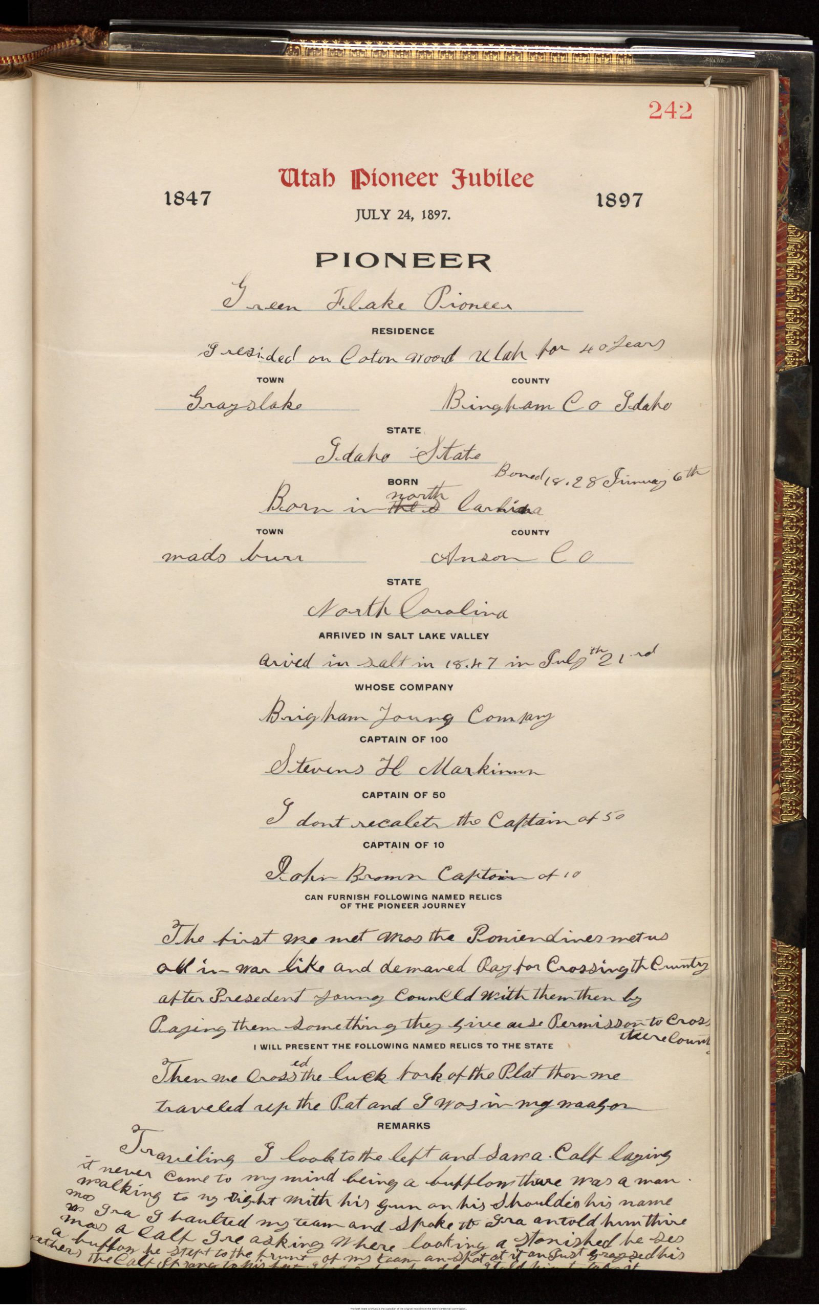 Page from the Book of the Pioneers that lists Green Flake