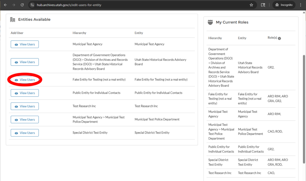 Image shows the Records Officer Hub, where people can view role assignments for people associated with their own entities to which they are assigned.