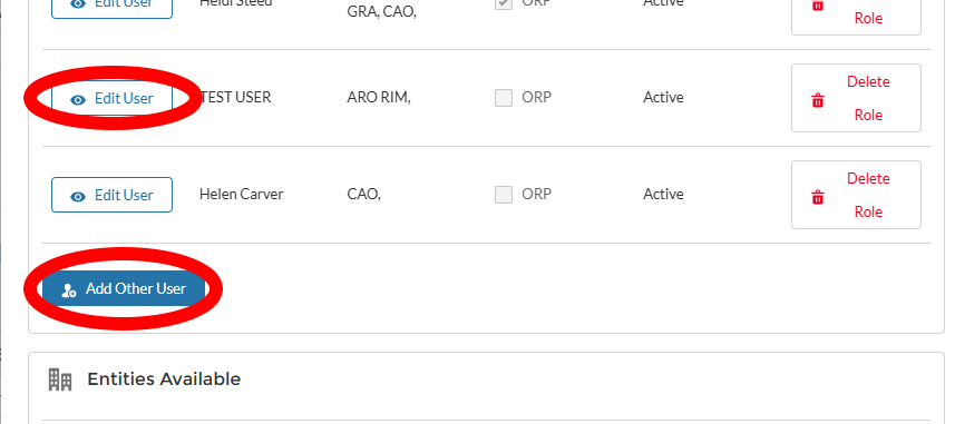 Image shows the Records Officer Hub area for updating contacts and role assignments, with buttons circled as mentioned in the instructions.