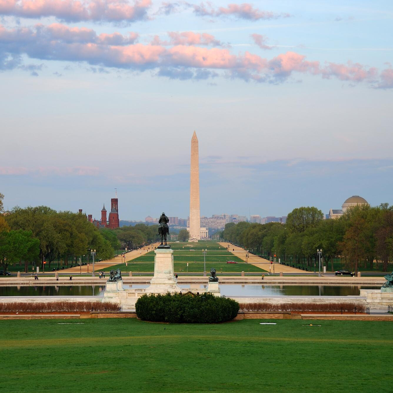 National Mall in Washington DC with buildings and statue