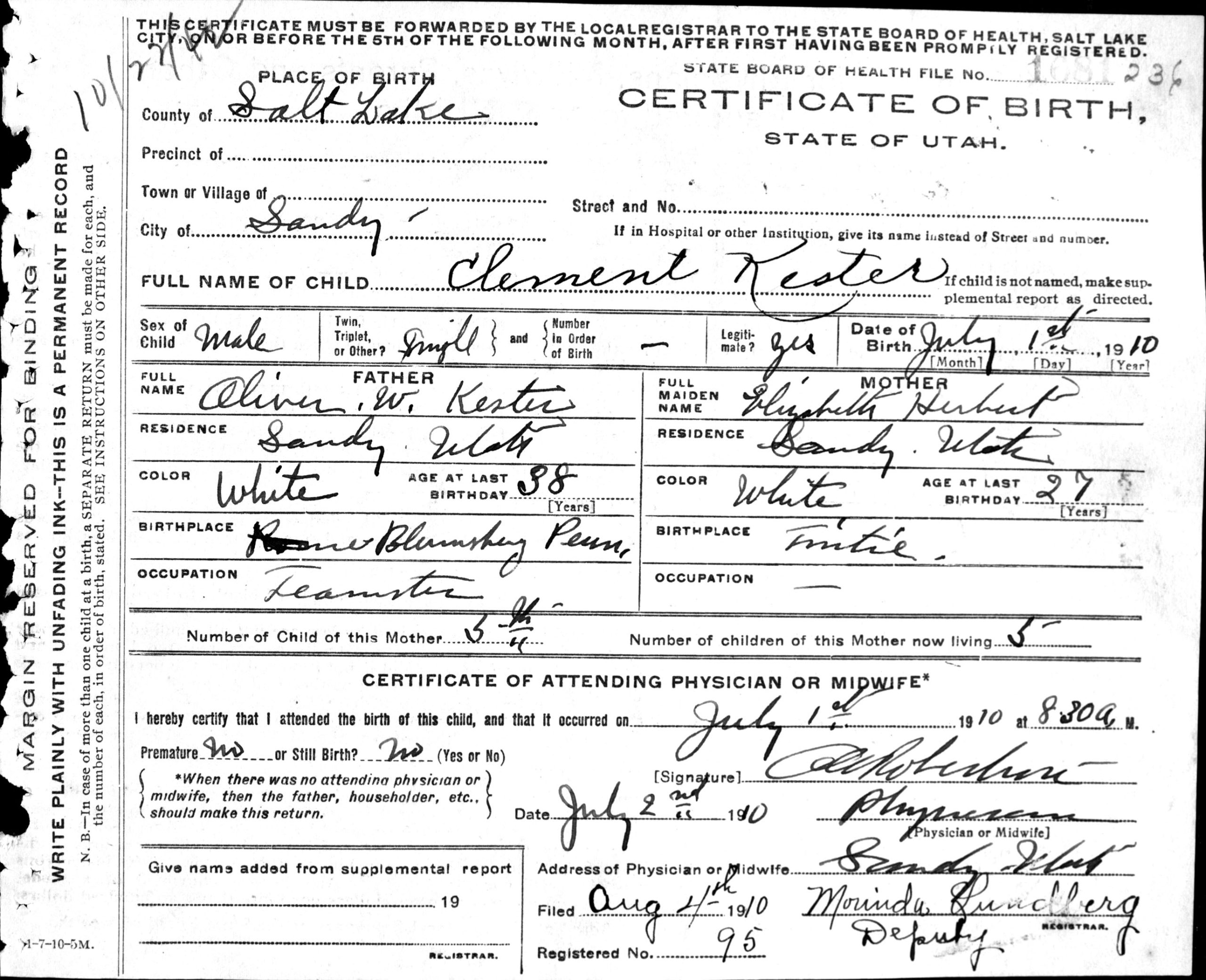 Birth certificate for Clement Kester