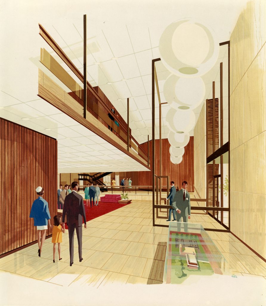 This interior rendering shows a modern, elegant, airy public lobby in which one space flows into another. The final plan altered the layout very little, but had a darker and more somber feeling.