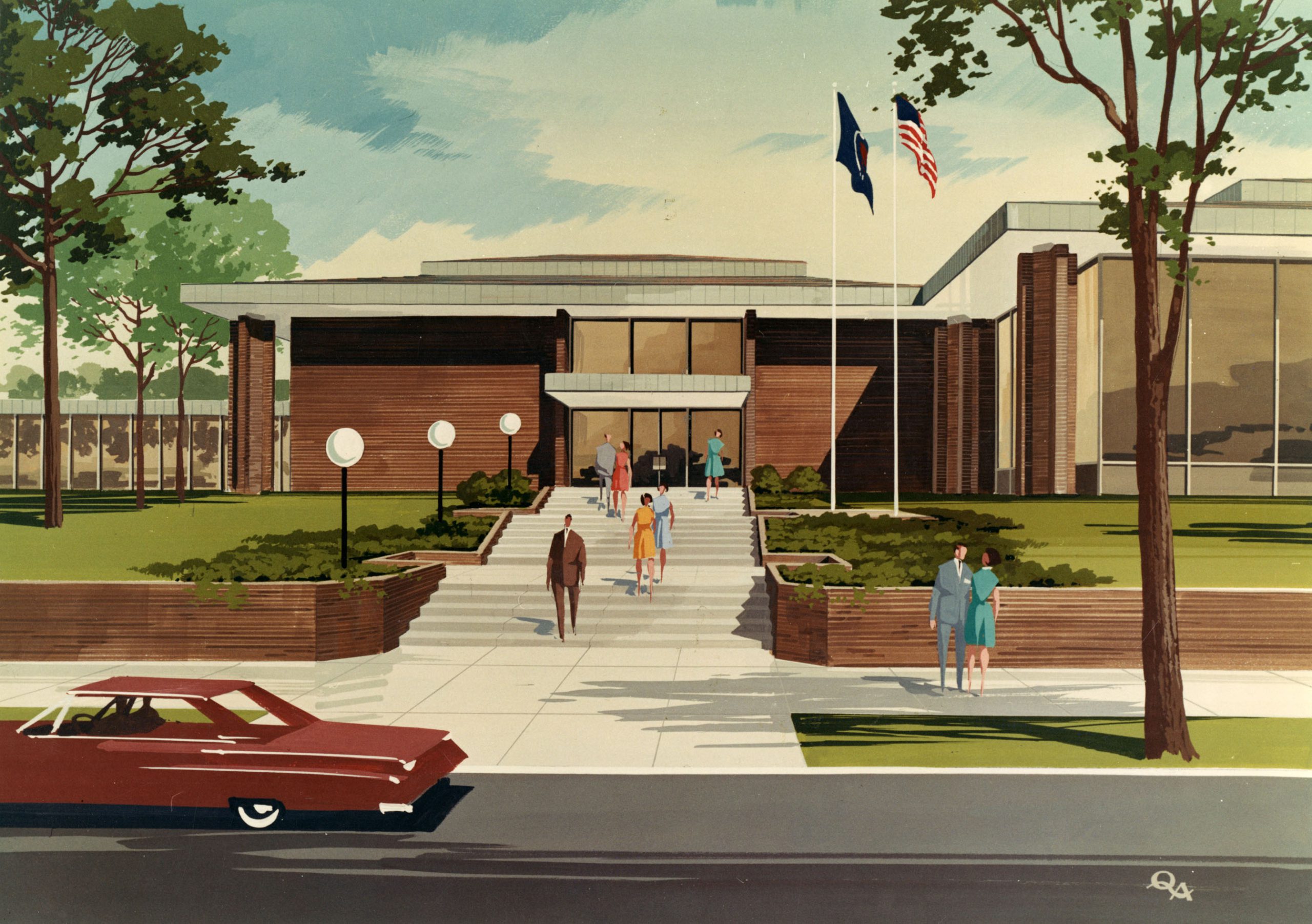 The preliminary renderings of the City Center done in 1968 showed a mid-century building with wide roofs and expanses of glass.