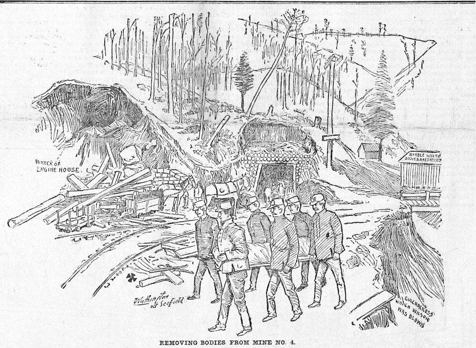 Illustration of rescue efforts at Winter Quarters No. 4 Mine, May 4, 1900. 
(Salt Lake Tribune, J. Willard Marriott Library, University of Utah.)