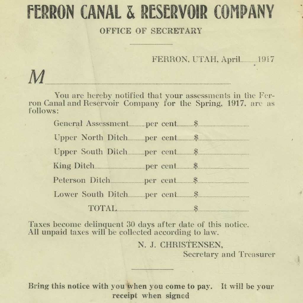 Page from the Ferron Canal and Reservoir Company, stock members and stock shares, 1914-1923