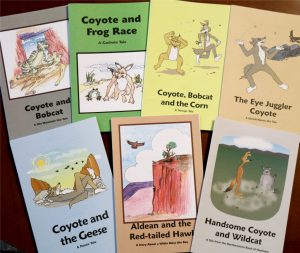 An image of 7 booklets from various Native American tribes. Titles include: Coyote and Bobcat: A Ute Mountain Ute Tale, Coyote and Frog Race: A Goshute Tale, Coyote, Bobcat, and the Corn: A Navajo Tale, The Eye Juggler Coyote: A Uintah/Outray Ute Tale, Coyote and the Geese; A Paiute Tale, Aldean and the Red-tailed Hawk: A Story about a White Mesa Ute Boy, and Handsome Coyote and Wildcat:: A Tale from the Borthwestern Band of Shoshone.