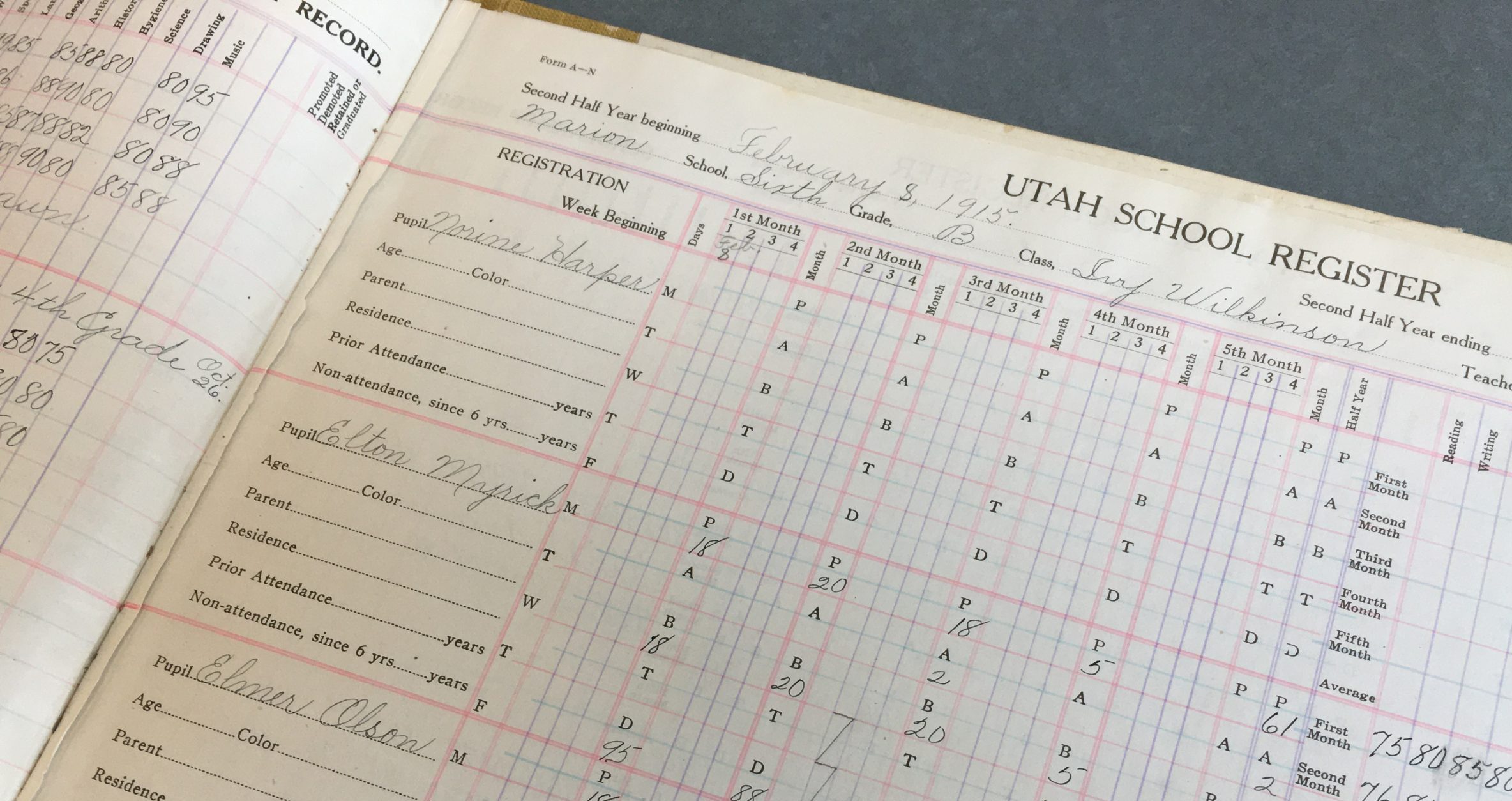 Photo of page from the South Summit School District Class registers. Marion School, Sept 1914 -May 1915.