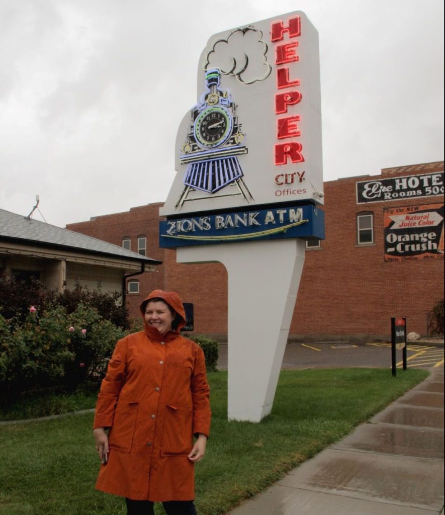 Heidi Steed outside the Helper City Hall after visiting the city offices on a rainy day.