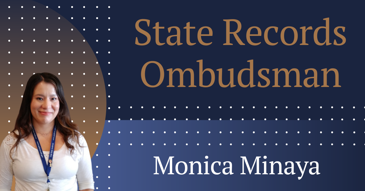 Banner with Monica's portrait and the words "State Records Ombudsman"