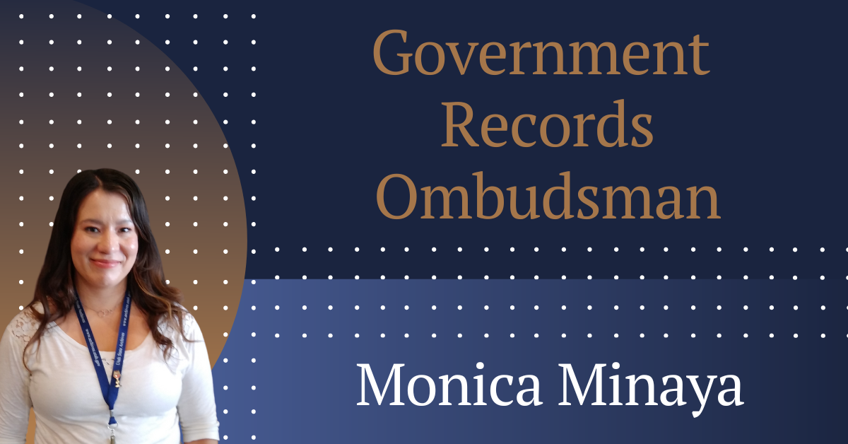 Monica Minaya Government Records Ombudsman sign