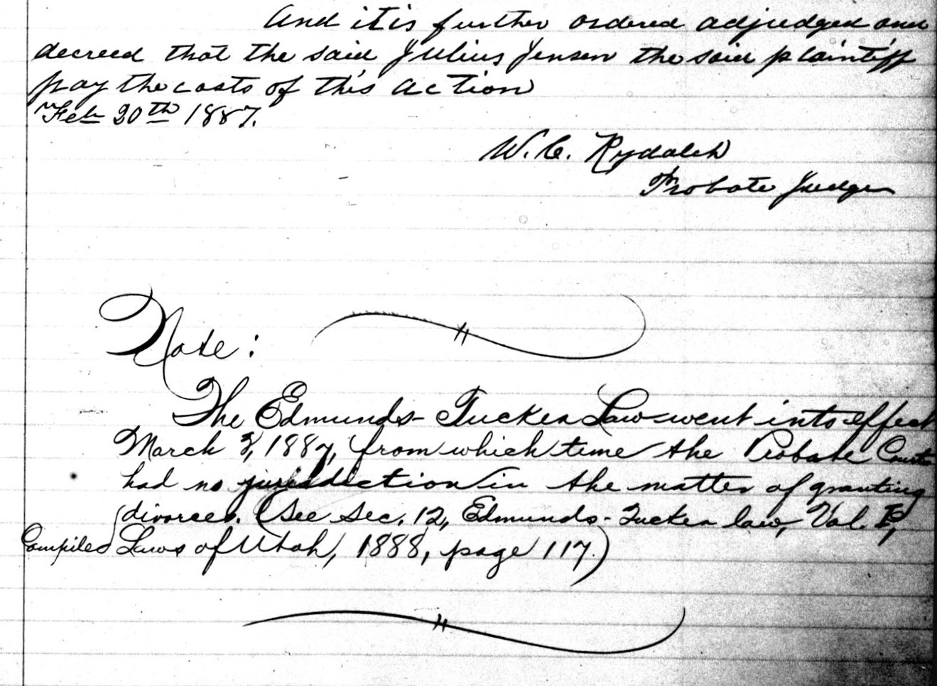 Image of page in the divorce record book showing a note regarding the implementation of the Edmunds_Tucker Act.