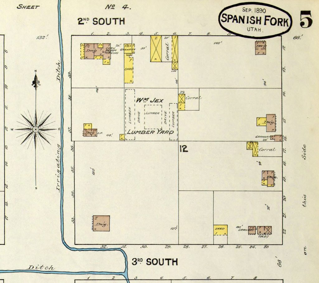 Pictured: 1890 Sanborn Fire Insurance Map showing the corner of 3rd South and 1st East in Spanish Fork, the location of Alex Bankhead’s Spanish Fork home. 