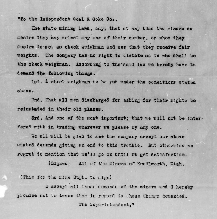 Pictured is a copy of the demands reported to have come from striking workers contained in a report from State Mine Inspector J.E. Pettit to Governor William Spry. Utah State Archives Series 226.