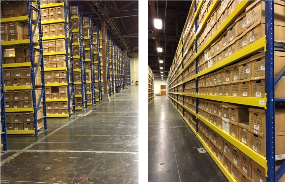 2 pictures. First is a picture of the many rows of records at the State Records Center. The Second is a single row of boxes. 