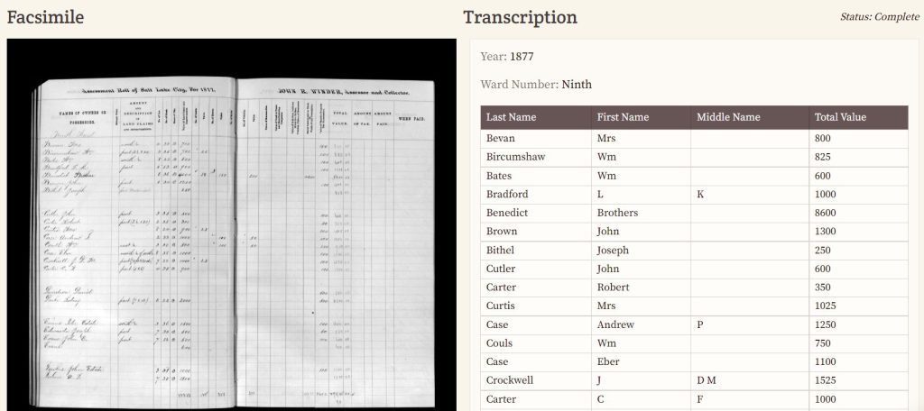 Screenshot of From The Page which shows the Salt Lake City (Utah) Tax Assessment Rolls on the left and the transcription of the page on the right.