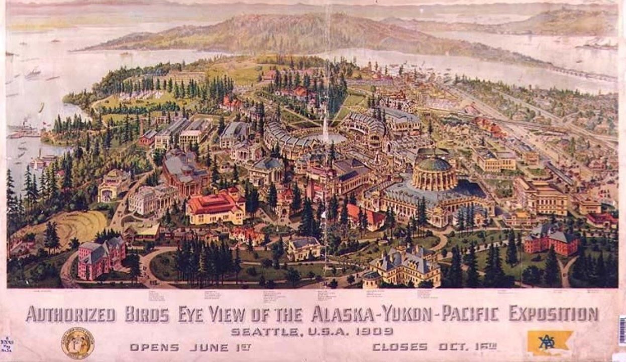 Authorized birds eye view of the Alaska-Yukon-Pacific Exposition (1909) Looking southeast toward Mt. Rainier. Denny Hall and Parrington Hall visible in the right foreground.