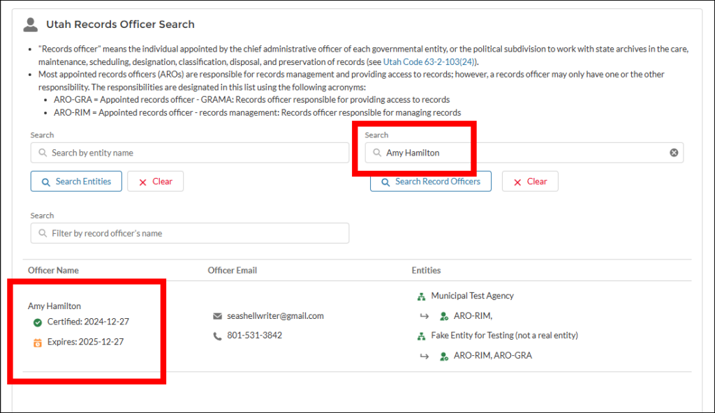 Image shows a screenshot of the records officer lookup. The name "Amy Hamilton" has been typed into the search field, and the results show Amy Hamilton, a records officer with the Municipal Test Agency, who last certified December 27, 2024.