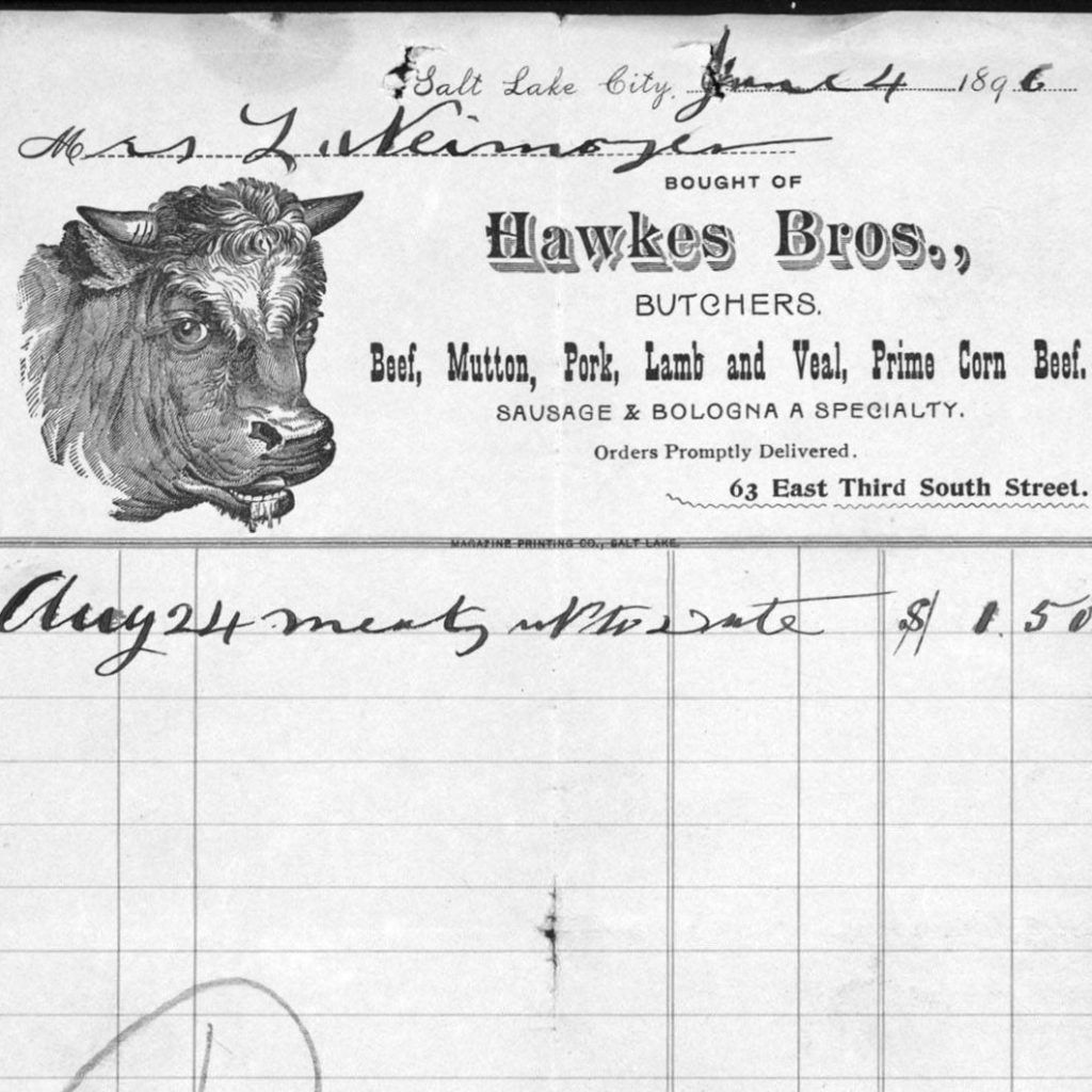 A billhead from 1896 showing an invoice to Hawkes Brothers meet in Salt Lake City.