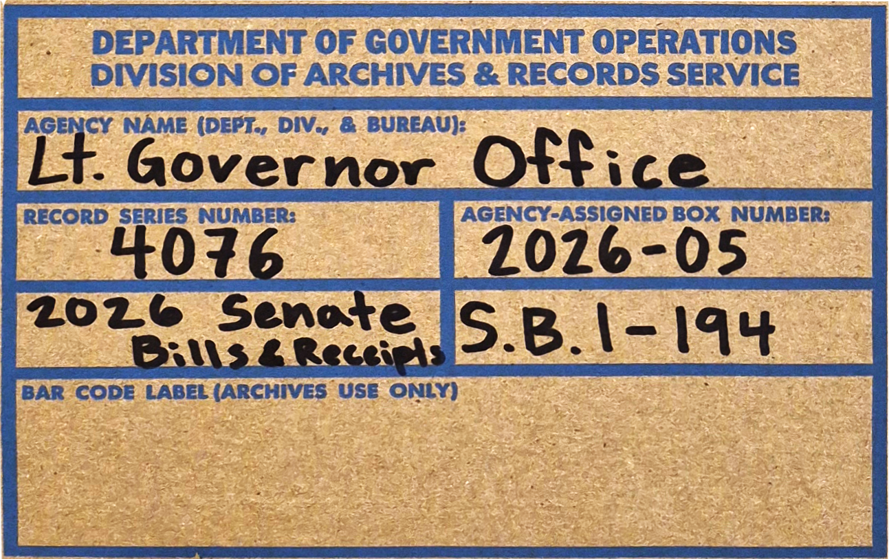 Sample label on the front of an archives box.