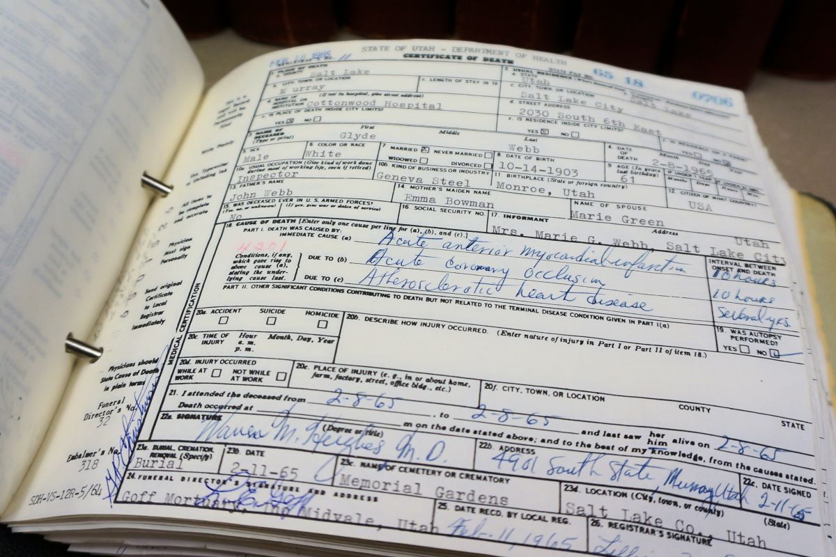 Open book showing a death certificate