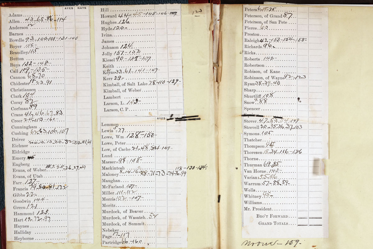 Lists of typed names as roll pasted inside a record book