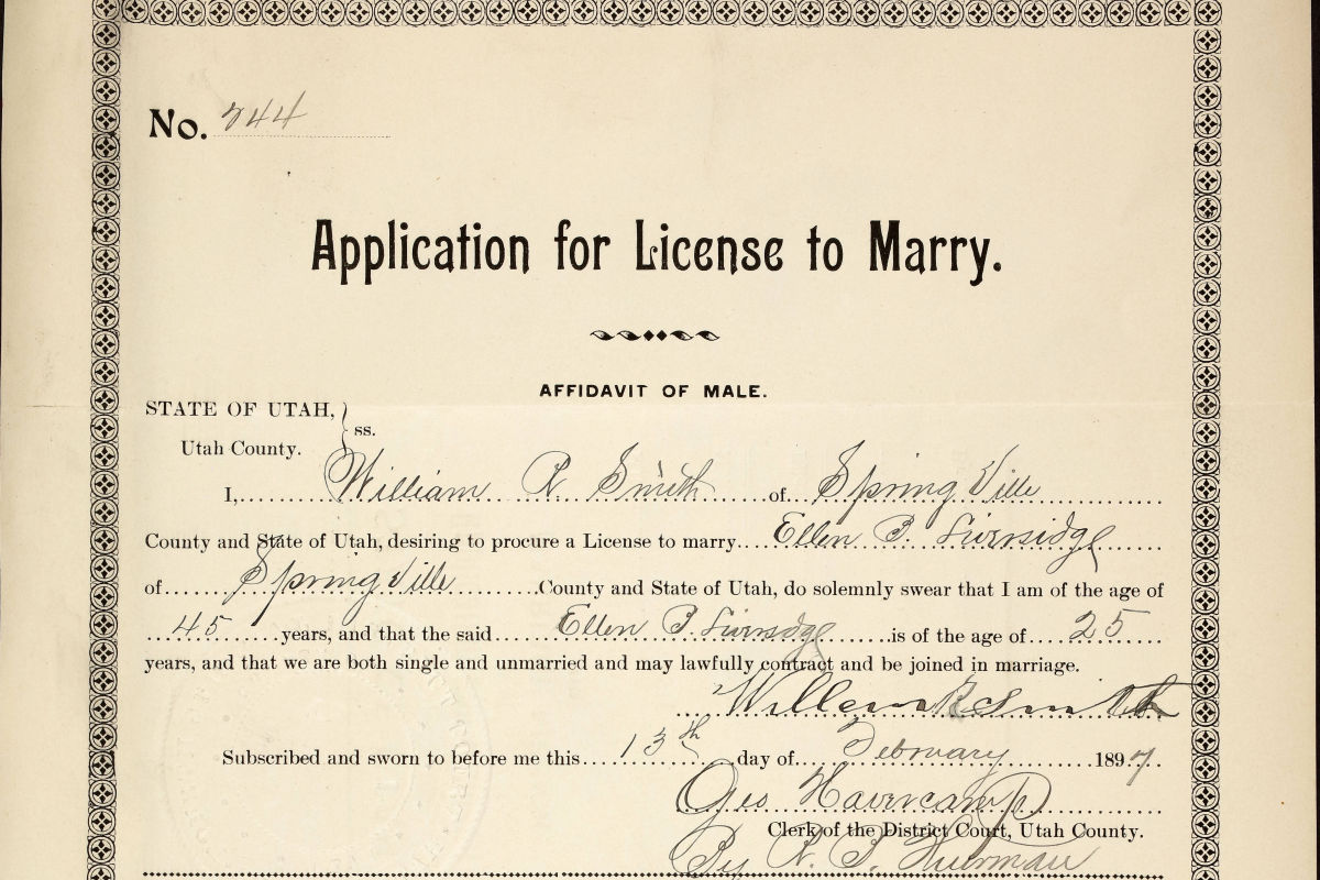 Part of an 1897 marriage license from Utah County