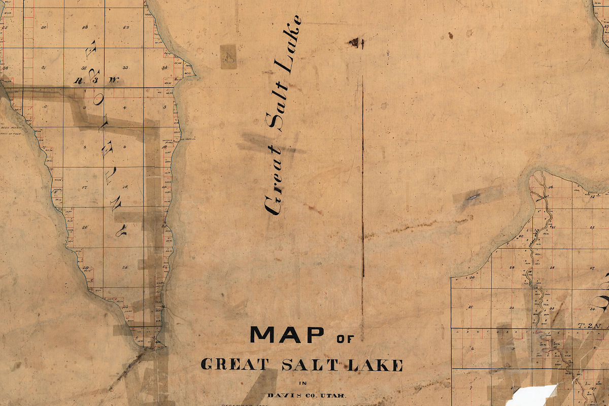 Old map portion featuring Great Salt Lake Lake in Davis County Utah