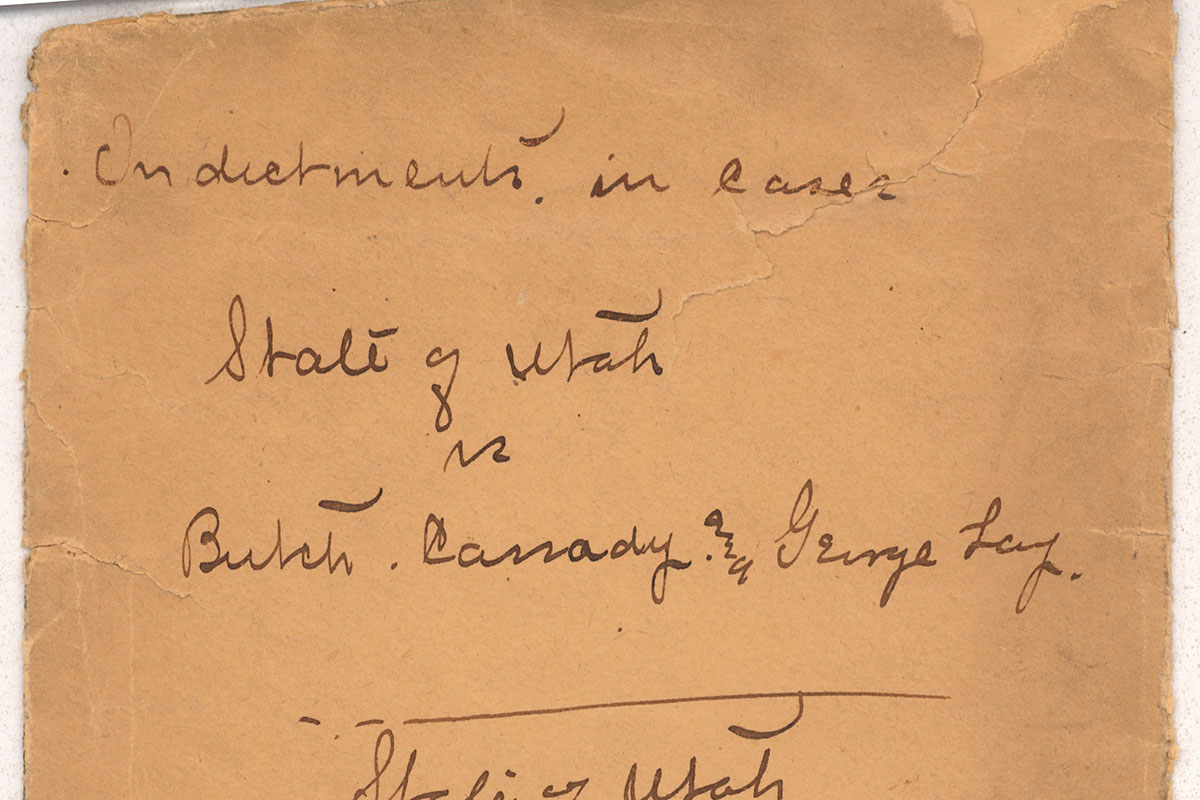 Handwritten envelope referring to criminal indictment for Butch Cassidy