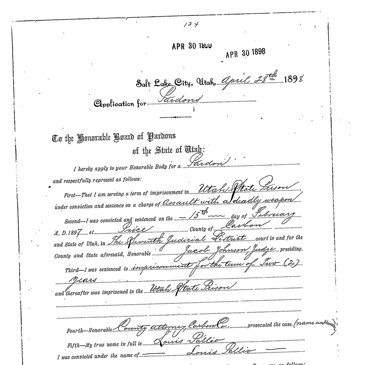 Part of a document for a prisoner applying for a pardon
