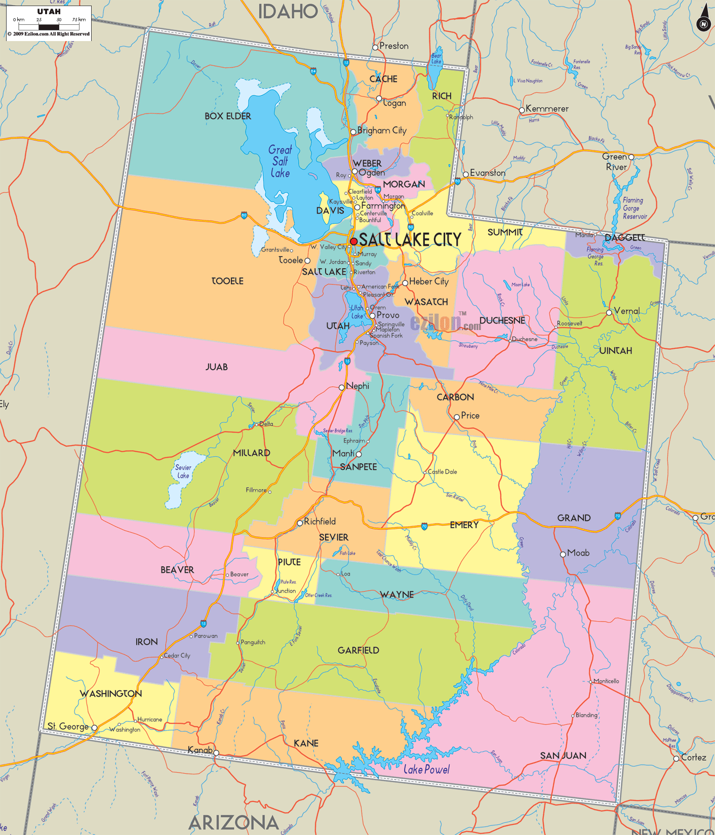 Illustrated map of Utah with county boundaries and labels