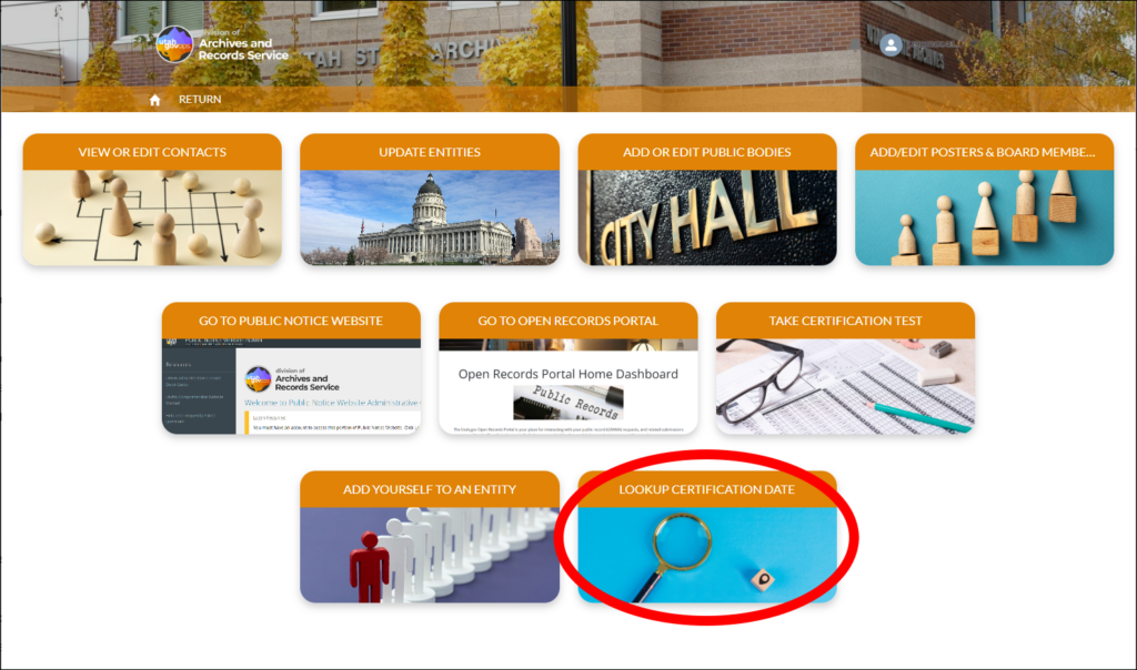 Image shows screenshot of Records Office Hub, with the tile entitled "Lookup Certification Date" circled.