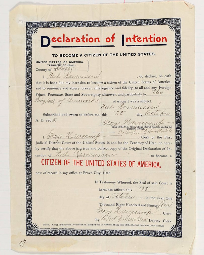 Declaration of Intention dated October 28, 1895.

