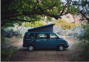 A blue camping van parked in brush and trees.