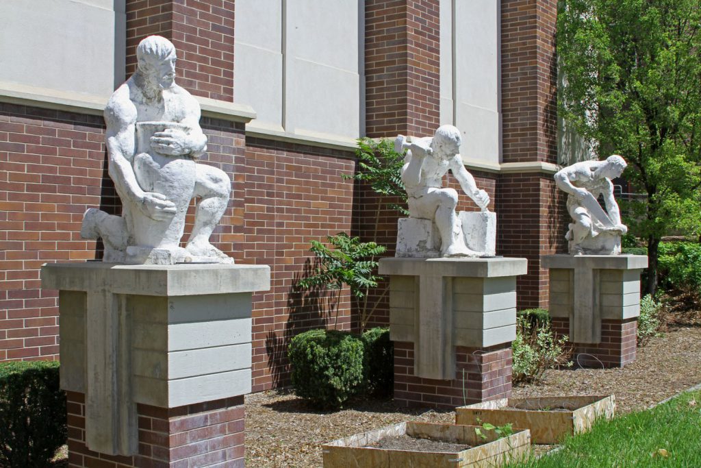 The second set of Mahonri Young statues were repaired and the potter, the stone mason, and the carpenter were placed on pedestals along the north side of the High School (as seen in this 2012 photo). The blacksmith was placed inside the building. In recent years the outside sculptures deteriorated to the point that the school district made the decision to remove them entirely